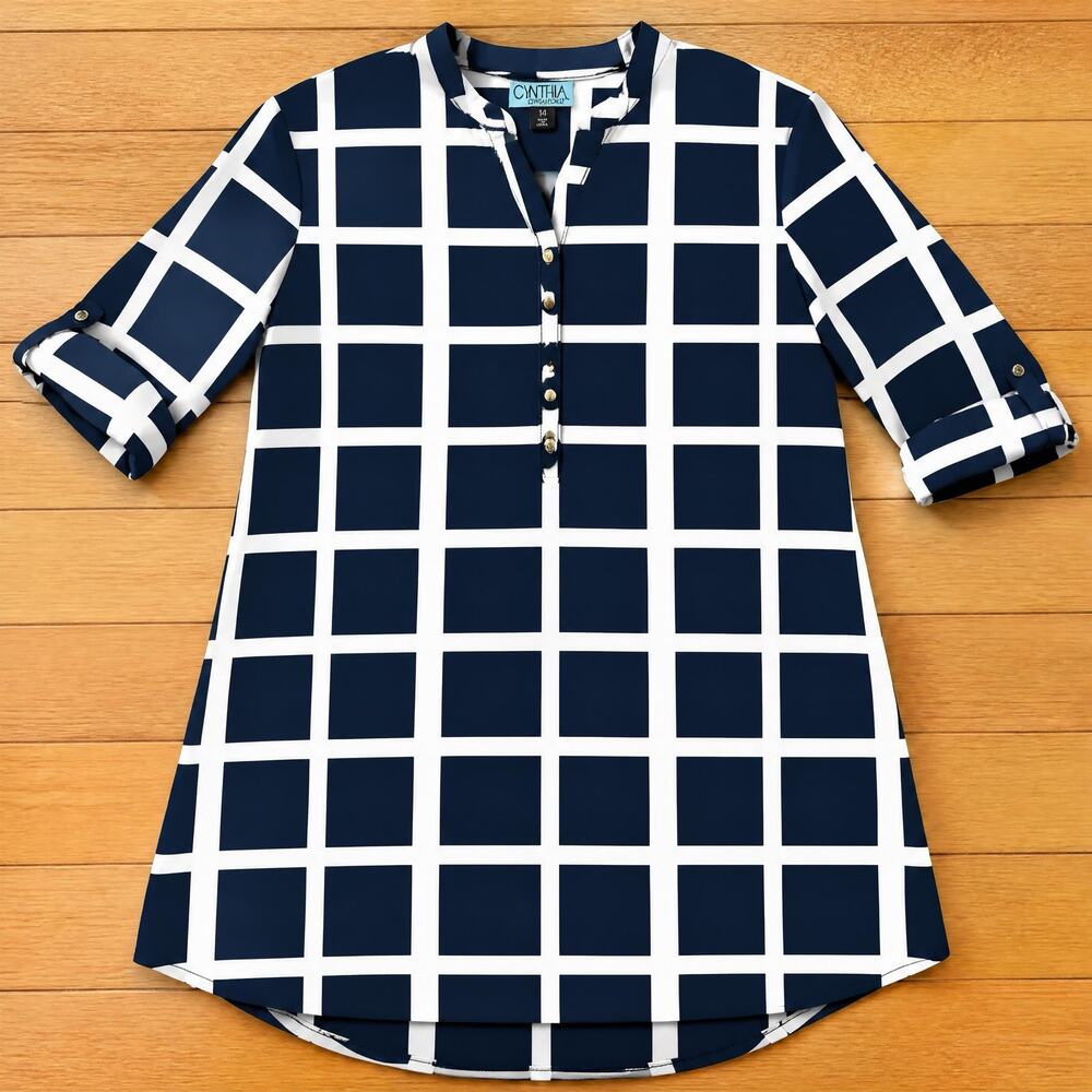 Cynthia Rowley Women's Size 14 Navy & White Windowpane Grid Tunic Blouse CoverUp
